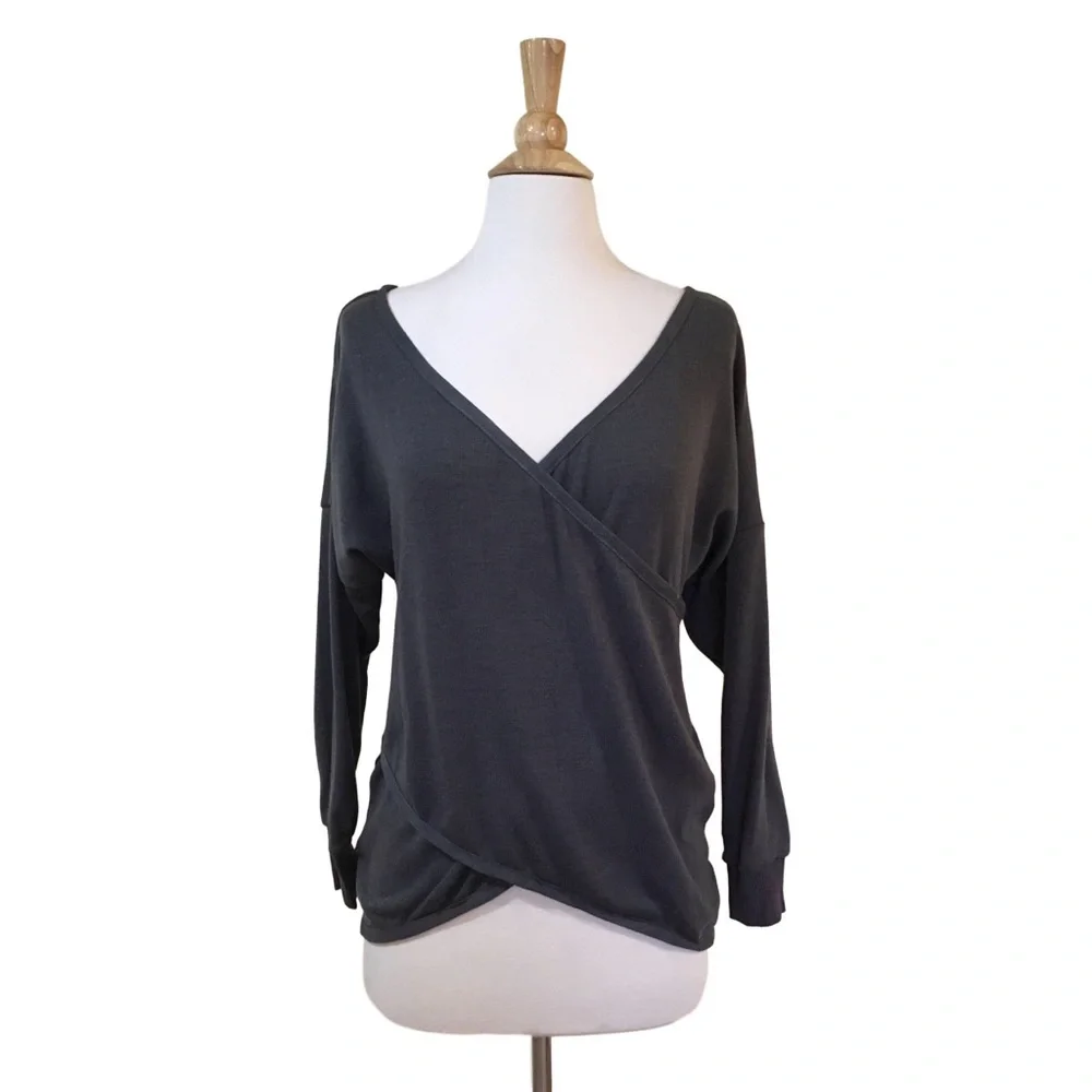Faux Wrap Criss Cross Front High Low Sweater Top Grey - Picture 1 of 4